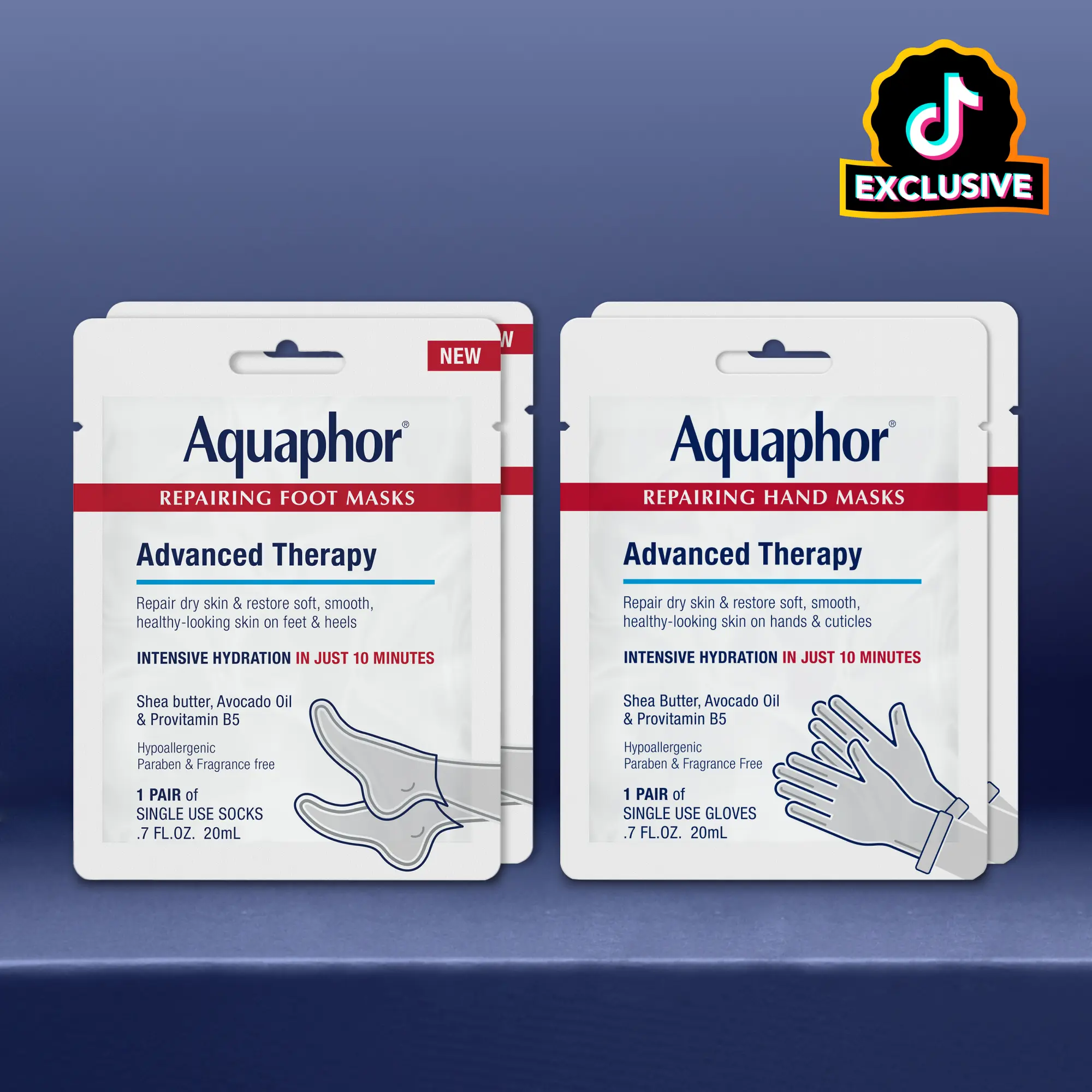 Aquaphor Repairing Foot & Hand Masks Bundle 2+2 with Avocado Oil & Shea Butter for Intense Hydration in 10 Minutes Gentle Formula Fragrance Free Moisturizer