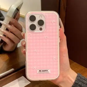 Phone case suitable for iPhone | 2-in-1 airbag IND | Grid bowknot | Large hole pink frame | Best friend gift | 11 12 13 14 15 16 17 Pro Max