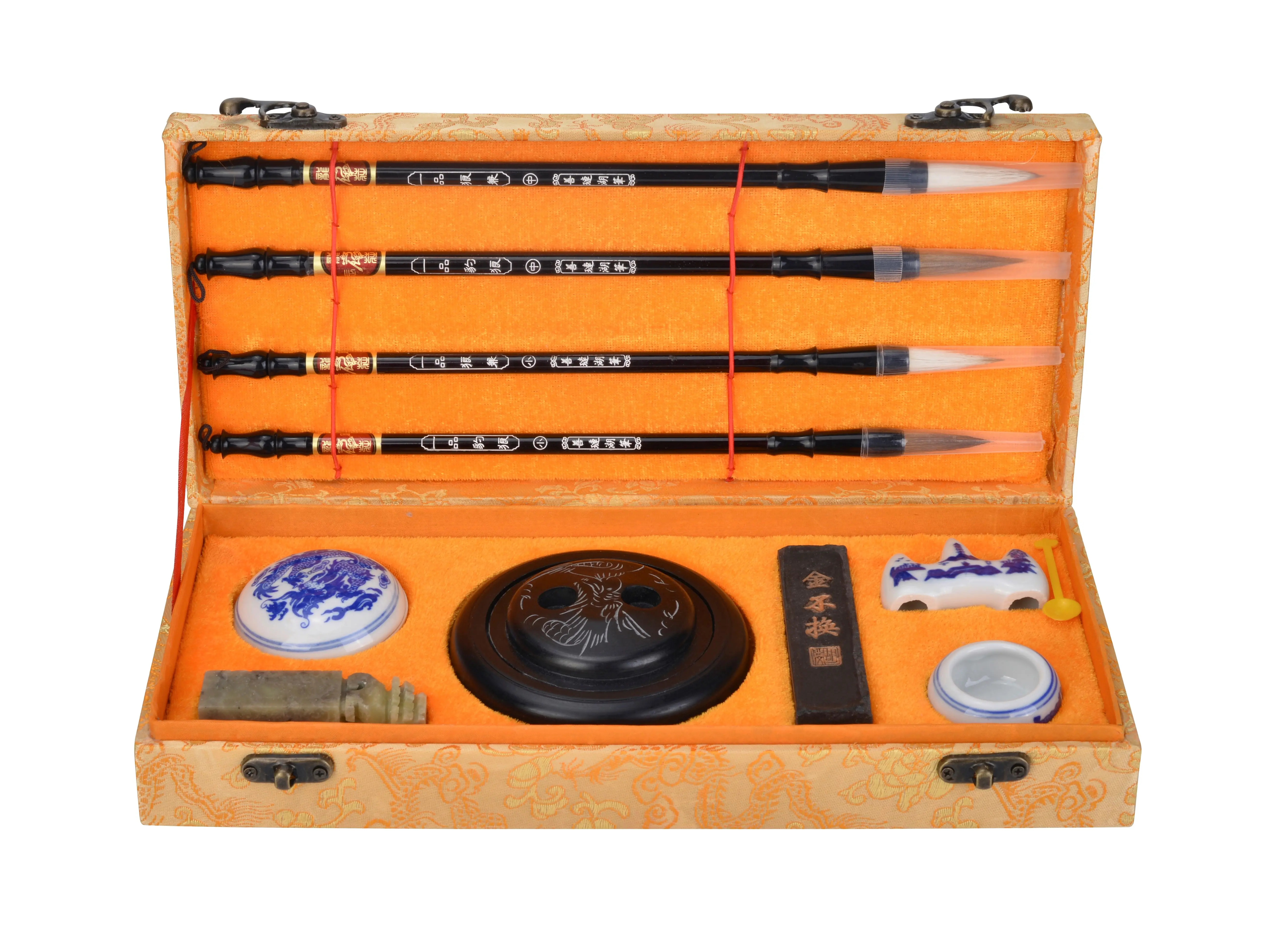 Chinese Calligraphy Set for Beginners with 4 Brushes, Ink Stone, Ink Stick, Red Ink Paste, Seal, Porcelain Water Bowl, Brush Holder, Calligraphy Kits for Beginners and Sumi Painting