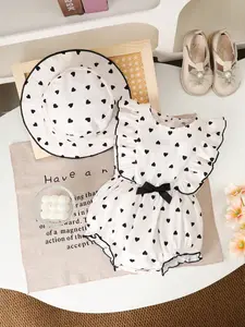Baby Girl Cute Round Neck Ruffle Sleeveless Heart Print Romper and Hat Set, Summer Fashion for Outdoor Daily Wear