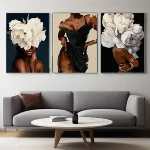 3pcs/set Frameless Classic Abstract Western Wall Art Abstract Face Design Black Woman Girl with Flowers Canvas Print Poster Printing Poster Modern Home Decor Home Living Room Bedroom Decoration