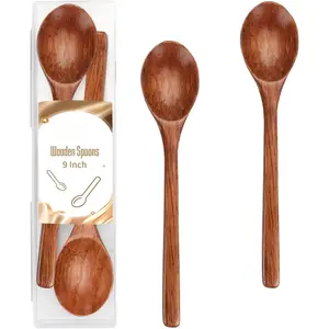 9 Inch Wooden Spoons for Eating Mixing Stirring Soda Jam Honey, Long Handle  Soup Spoons for Serving Table Spoon (2 PCS)