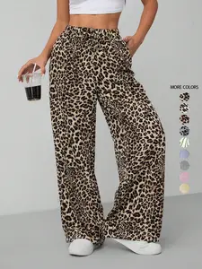 Women's leopard print lace-up front pocket wide leg pants, casual and comfortable straight trousers, daily wear, breathable and cool women's bottoms, thin pants, women's adjustable camo pants