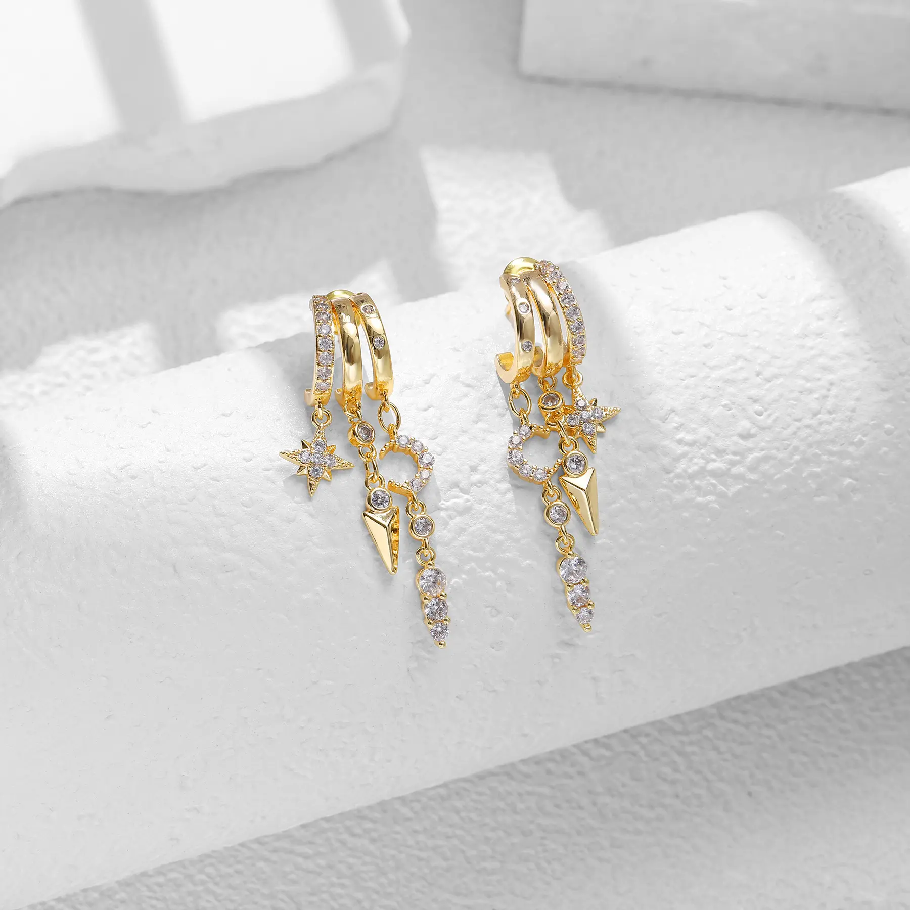 2pcs 14K Gold Plated Triple Hoop Huggie Earrings for Women, Dainty Cubic Zirconia Moon Star Spike Tassel Drop Dangle Earrings, Hypoallergenic Stackable Cartilage Hoop Jewelry, Trendy Aesthetic Statement Earrings for Daily Party Birthday Gift