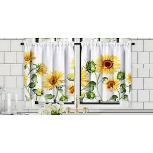 2 Panel 28"X40"/1 Panel 18"X60" Sunflower Kitchen Curtains - Semi-Sheer Window Drapes With Floral Print, Lightweight Machine-Washable Window Treatments For Farmhouse, Living Room, Bathroom, Dining