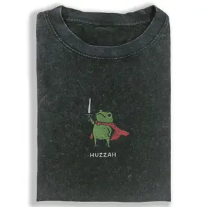 Huzzah Frog with Sword Vintage Crew Neck T-Shirt Unisex Casual Comfort Breathable Fabric Perfect for Daily Wear Funny Short Sleeve Top for Fashion Men Women