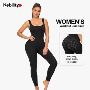 Nebility Women's High Elasticity Breathable Fabric Long Sleeve Yoga Jumpsuits Ribbed Design for Workout Leg Shape Ornament One Piece Activewear Clothing Athletic Training Apparel #SummerWins #DealsForYouDays