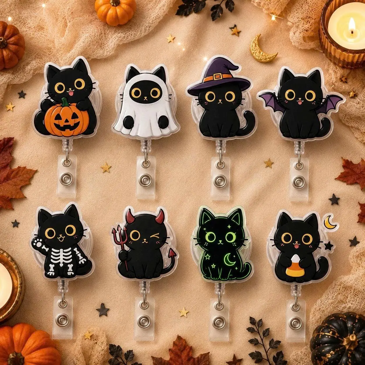 Black Cat Halloween Acrylic Badge Reel – Spooky Kitty Retractable ID Badge Holder, Fall Nurse Badge Buddy, Teacher & Medical Staff Gift