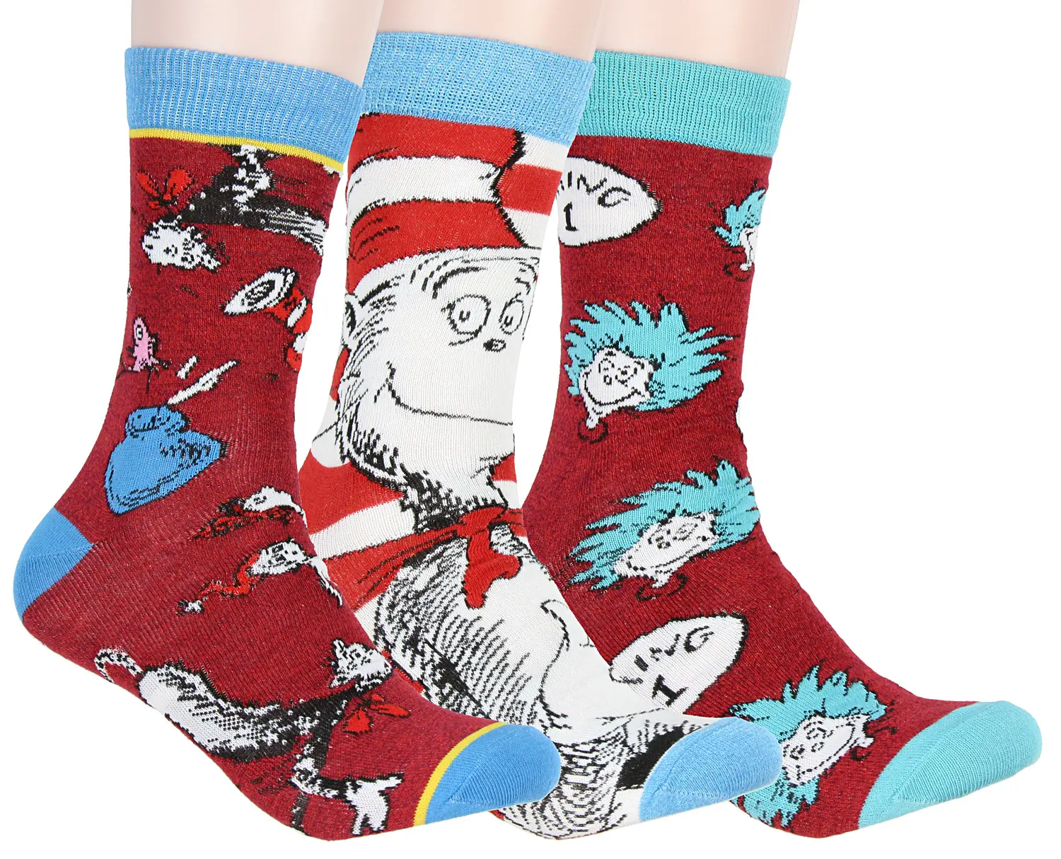 Dr. Seuss Socks Adult Cat In The Hat THING ONE THING TWO Character Design 3 Pack Mid-Calf Crew Socks