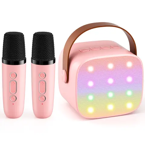 Mini Karaoke Machine with 2 Wireless Microphones, LED Lights, Bluetooth Speaker, Multiple Sound Effects, Easy to Carry, Toys for Children Aged 4-10, Halloween, Christmas, Birthday Gifts for Kids Home Party