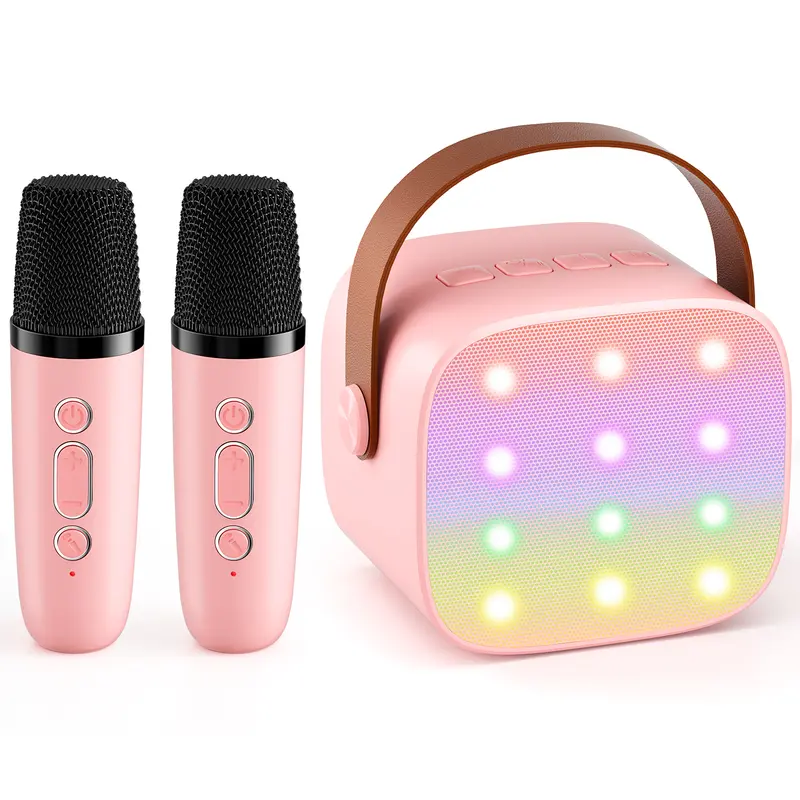 Mini Karaoke Machine with 2 Wireless Microphones, LED Lights, Bluetooth Speaker, Multiple Sound Effects, Easy to Carry, Toys for Children Aged 4-10, Halloween, Christmas, Birthday Gifts for Kids Home Party
