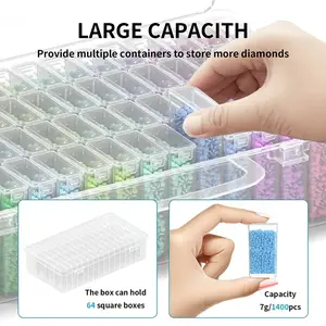 New Mini Storage Box Set, 64 Grid Bead Storage Containers Portable Bead Art Accessories Clear Organizer, Convenient for Nails Rice Small Items, Includes Stickers