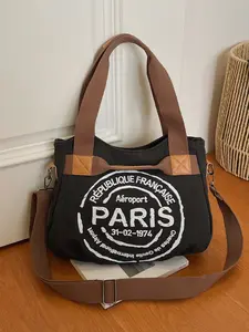 Simple and casual large-capacity canvas bag, stylish daily commuter crossbody bag, lightweight letter-print tote shoulder bag, Totes Bag