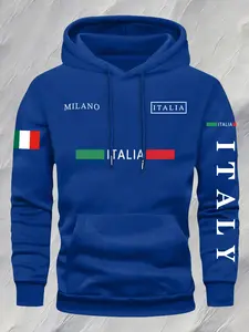 Men's Italian Flag Hoodie, Vibrant Milano Print, Casual Fitted Long Sleeve Sweatshirt, Fall & Winter Wear, Italian Style, Pullover
