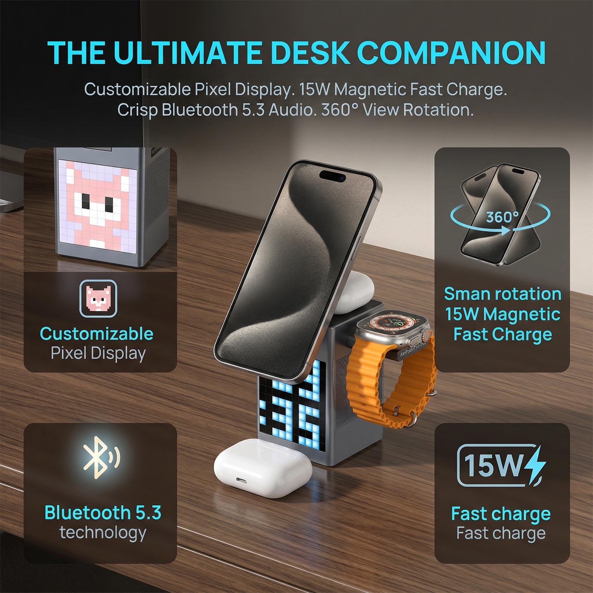 6-in-1 Charging Station for Apple Devices, 15W Magnetic Wireless Charger Stand with Bluetooth Speaker, Digital Alarm Clock, Pixel Display, Compatible with MagSafe iPhone Series, Apple Watch & AirPods - March Madness, Spring Break, World Cup, Easter 6-in-1 Charging Station for Apple Devices, 15W Magnetic Wireless Charger Stand with Bluetooth Speaker, Digital Alarm Clock, Pixel Display, Compatible with MagSafe iPhone Series, Apple Watch & AirPods - March Madness, Spring Break, World Cup, Easter