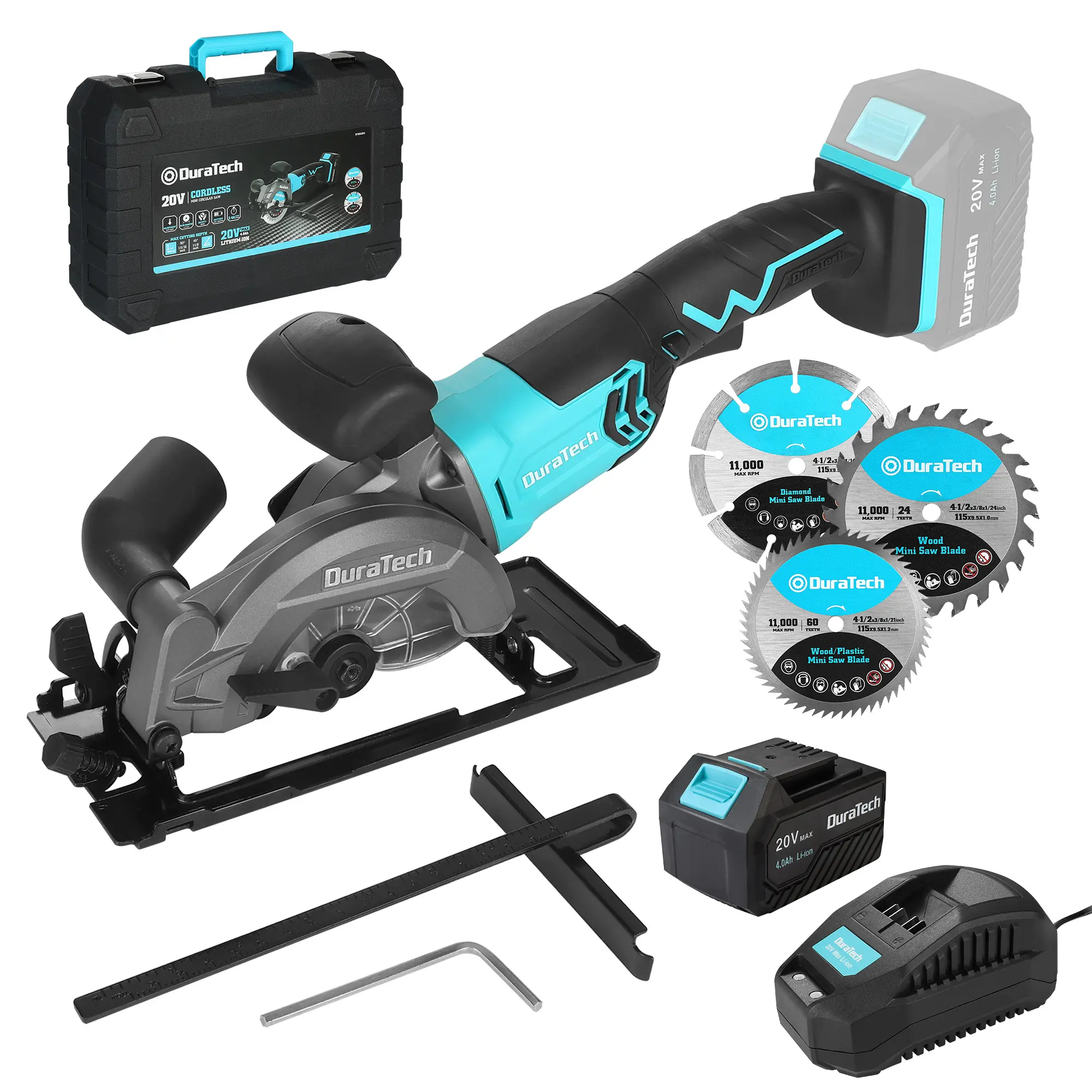 #backtoschool DURATECH Mini Circular Saw, 20V 4-1/2" Cordless Circular Saw with 4.0Ah Battery, Fast Charger, 3 Saw Blades, 3600RPM, Max Cutting Depth 1-11/16"(90°),1-1/8"(45°), for Tiles, Wood, Soft Metal, Plastic