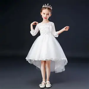 Girl Party Birthday Princess Dress Tail Evening Dress with Embroidered Lace and Tulle Skirt for Special Occasions