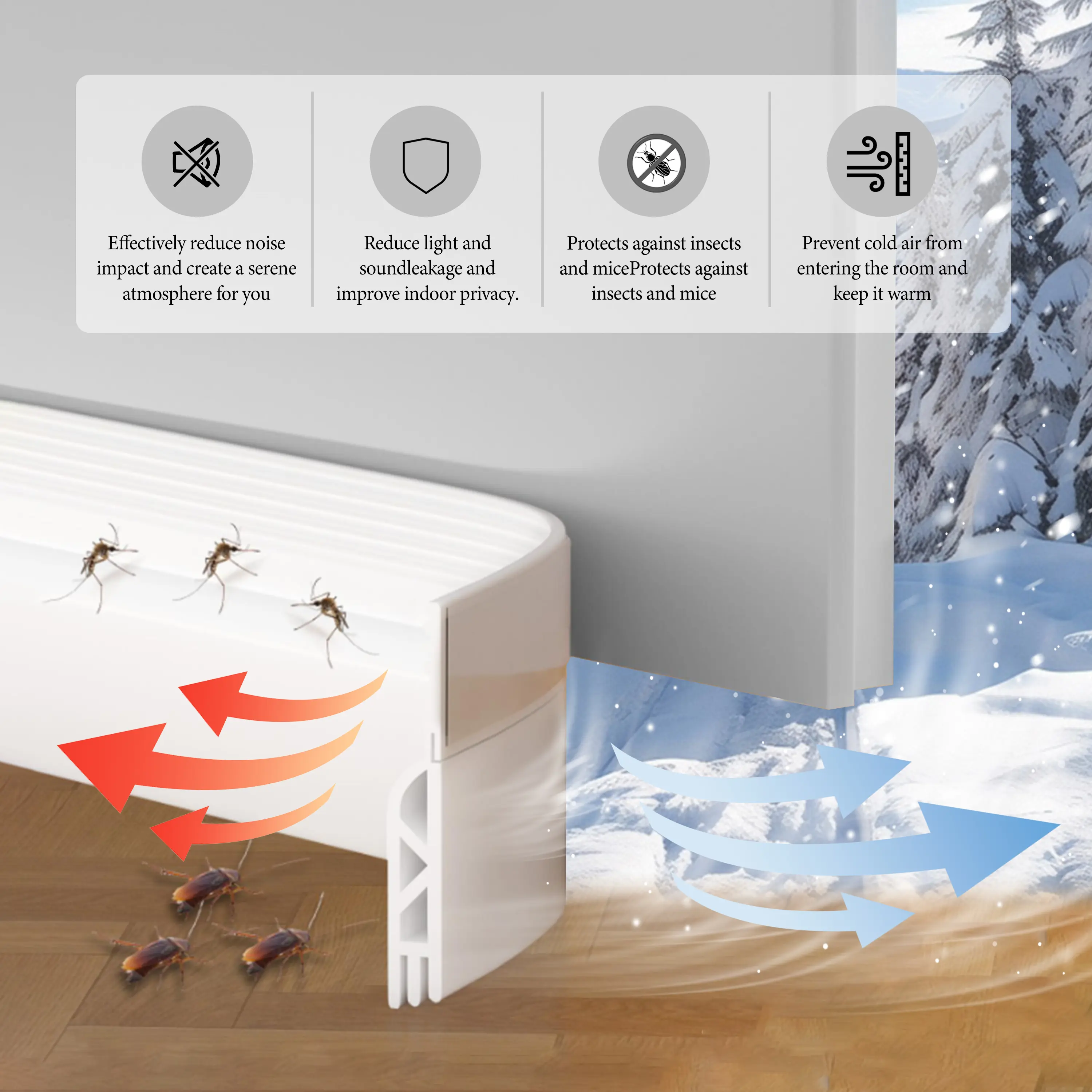 Under Door Draft Stopper - Door Sweeps for Exterior & Interior Use, Dust Blocker, Soundproof Noise Blocker, Energy Efficient Gap Filler, Pest Control Weather Stripping Seal Strip, Floor Safe, Adhesive Bond, Pure Silicone