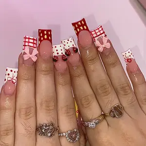24 pcs of medium-length square crylic handmade press on nails in red plaid girlish style 3D three-dimensional strawberry red and yellow polka dots hand-painted bows bright yellow French edges playful princess parties and banquets portable fake nails