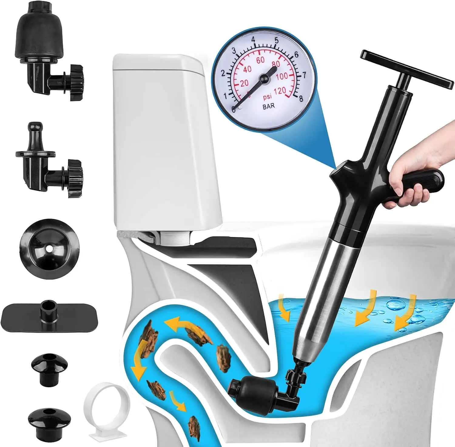 Toilet Plunge Blaster, High Pressure Toilet Plunger, High-Pressure Air Drain Blaster Plunge Blaster Multi-drain Unclogger for Toilets, Bathroom Floor, Drain Sinks and Plumbing Clogs.