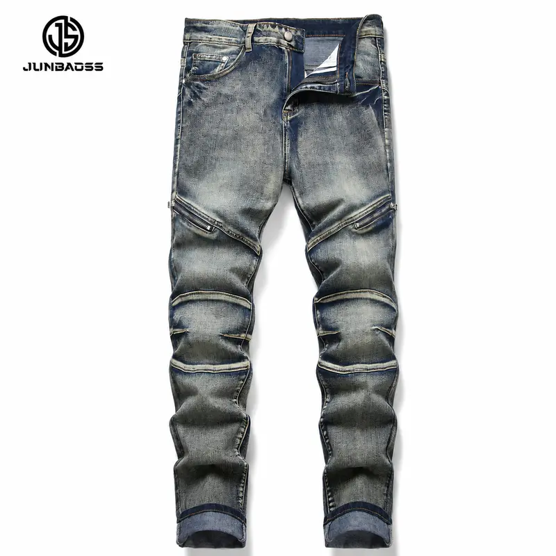 JUNBAOSS Men's Biker Zipper Deco Jeans, Mens Slim Fit Stretch Jeans Ripped Skinny Jeans for Men, Casual Fashion Straight Leg Comfort Flex Waist Cargo Denim Pants, Menswear Trouser Streetwear Jean with Plain Pockets