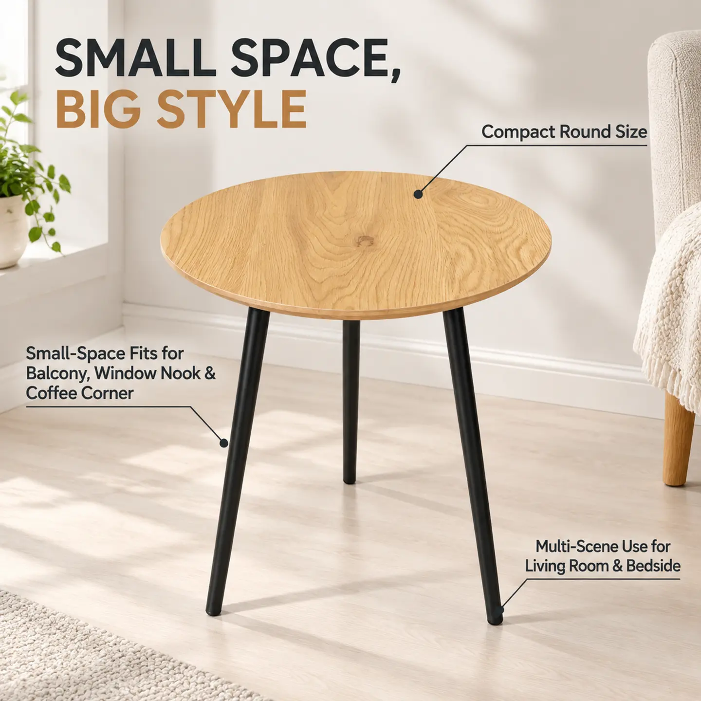 Modern round-edge side table with metal legs, compact corner industrial design for bedrooms and living rooms, suitable as a sofa base and ideal for small spaces