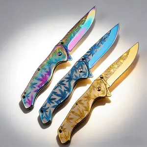 Men's Folding Knife, Cool Rainbow Folding Knife, 3D Embossed Leaf Pattern, Great Gift for Men/Women Outdoor Survival, Camping, Hiking, Hunting