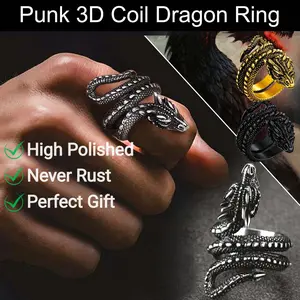FaithHeart Punk 3D Coiled Dragon Ring For Men Stainless Steel