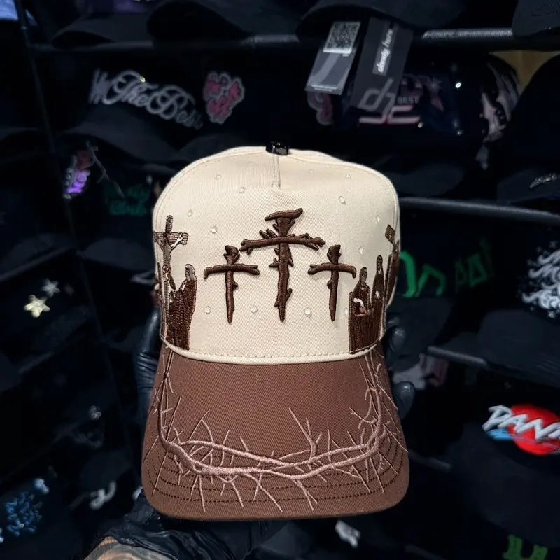 Unisex Beige Beanie with 3 Crosses, Religious Design, Adjustable Strap, Stylish Look for Daily Wear