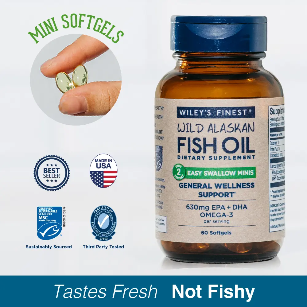 Wiley's Finest Wild Alaskan Fish Oil Minis — Omega-3 Supplement with 630mg EPA & DHA, High-Potency Formula, Easy-to-Swallow Softgels, Double-Strength, No Fishy Aftertaste, for Adults & Kids