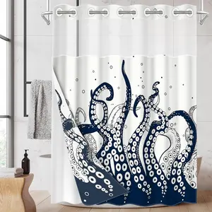 1pc Minimalist Blue Octopus Tentacle Dual Layer Shower Curtain, Polyester, Mold-Resistant, Waterproof, Wall Mounted, Fashion Style