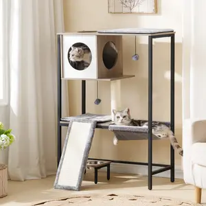 HOOBRO Wooden Cat Tree, Versatile Cat Tower with Scratching Post, Cat Hammock and Food Bowls, 4-Tier Pet House for Indoor Cats, Multi-Cat Families, Greige#SpringSale #BigSpringSale