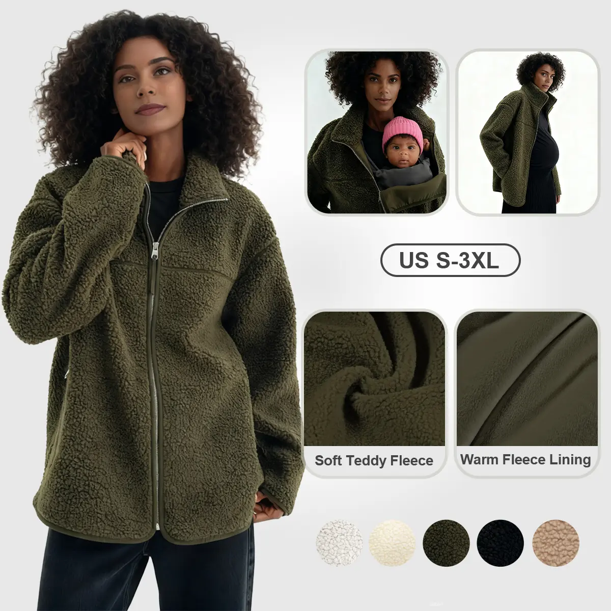 Pwest MAMA Women's Before & After Babywearing Casual Teddy Fleece Coat, Long-Sleeve Zippered Outerwear Tops with Pocket, Detachable Panel, Winter Warmth, 2-in-1 Design - Dark Green - BlackFriday,back to school,back to school haul