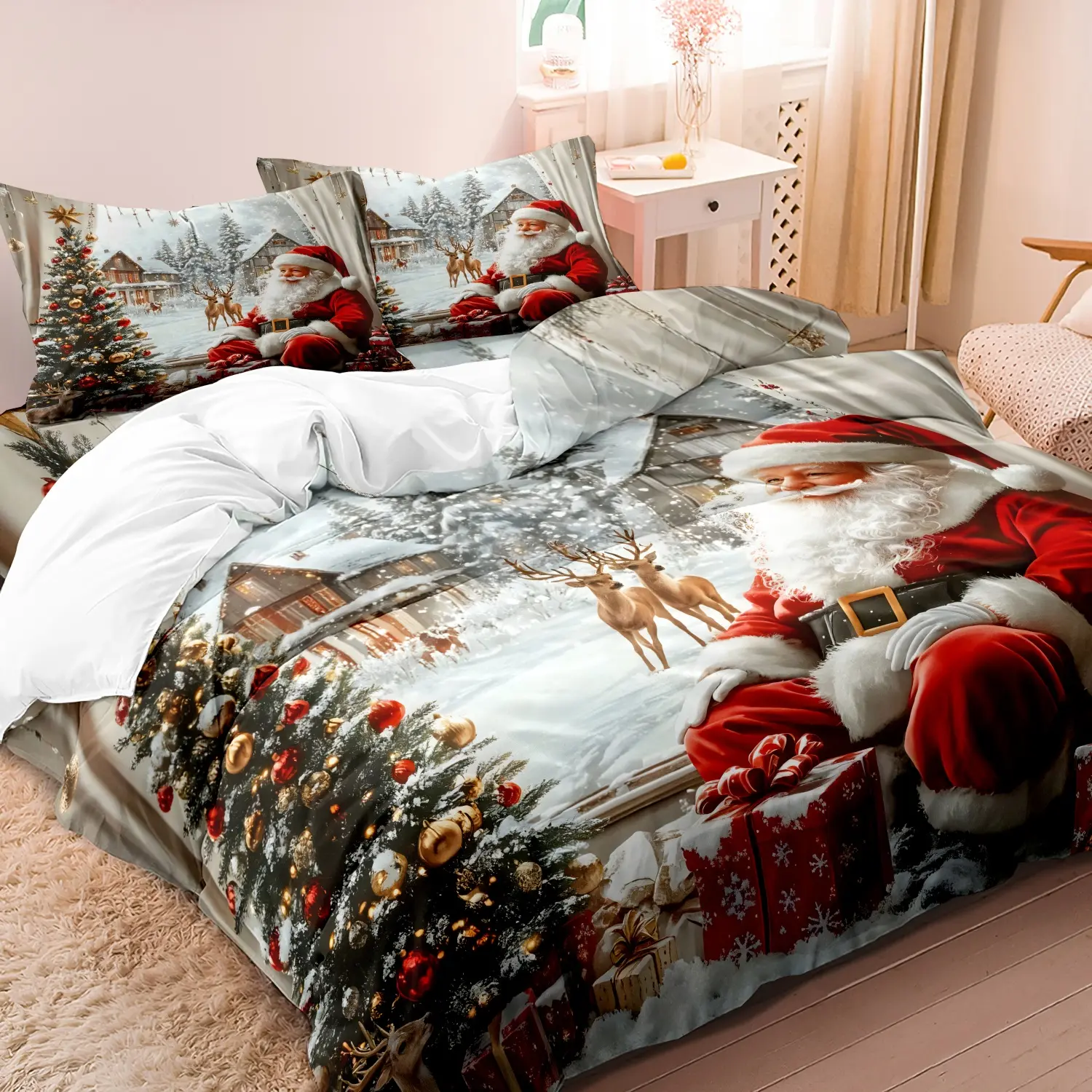 3pcs Christmas, Santa Claus, Sleigh, Reindeer, Christmas Tree, Snow Cabin Design Pattern, 3d Digital Printing Duvet Cover Set Bedding, Theme bedding set, Does Not Include Filling, Suitable For Bedroom, Christmas Gift 1* Duvet Cover +2 Pillowcase