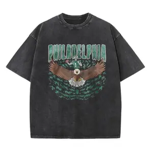 Black Unisex Retro Acid Wash Philadelphia Eagle Mascot Print T-Shirt, Oversized Crew Neck Short Sleeve, Trendy Vintage Philly Sports Streetwear for Daily Wear & Gifting