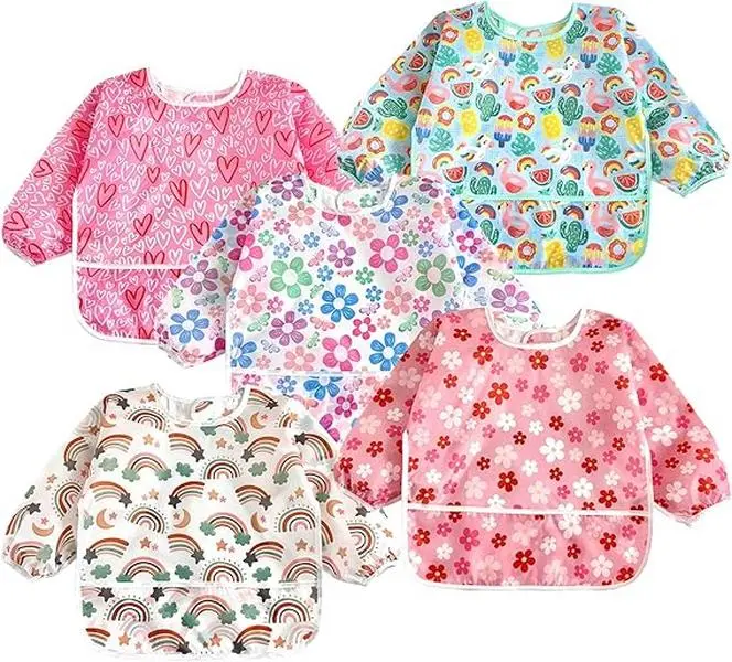 Mother Day Gift 5 Pack Baby Long Sleeve Bibs| Waterproof Full Sleeve Bib for Baby Infant Toddler 6-36 Months