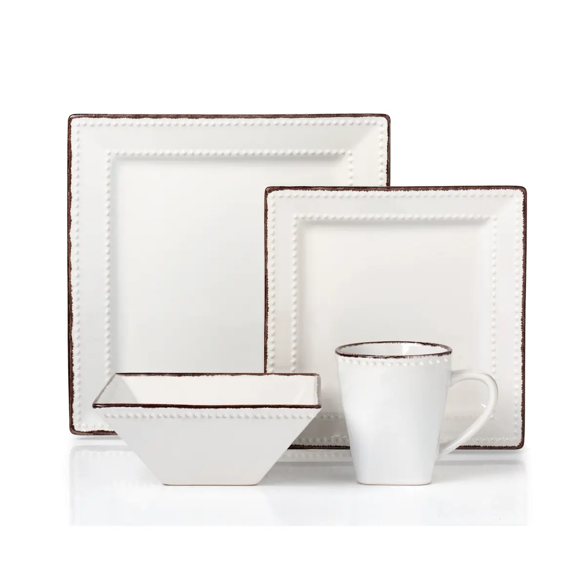 Lorenzo Import Sturdy 16-Piece Square Beaded Stoneware Tableware Set, White - Includes Plates, Bowls, Mugs