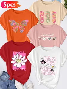 5Pcs Women's Crew Neck T-Shirts, Floral Butterfly, Daisy & Flip-Flop Series Print, Multiple Colors Available, Machine Washable, Spring & Summer Tops, Soft Skin-Friendly Fabric, Daily Versatile, Fashion Design