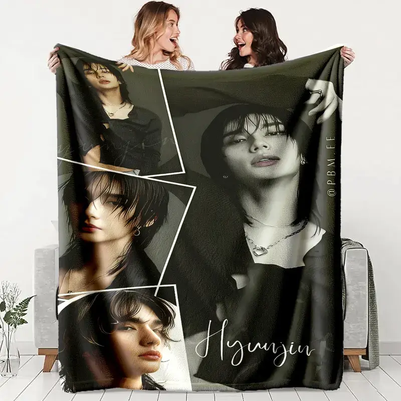 Hyunjin Theme Flannel Blanket Soft Lightweight Warm Four Seasons Use Bed Sofa Cover Office Travel Gift Cute Plush Throw Home Decor Air Conditioning Summer Bedroom Dorm Couch Back to School Kpop Merch Fan Gift Aesthetic Room Blanket