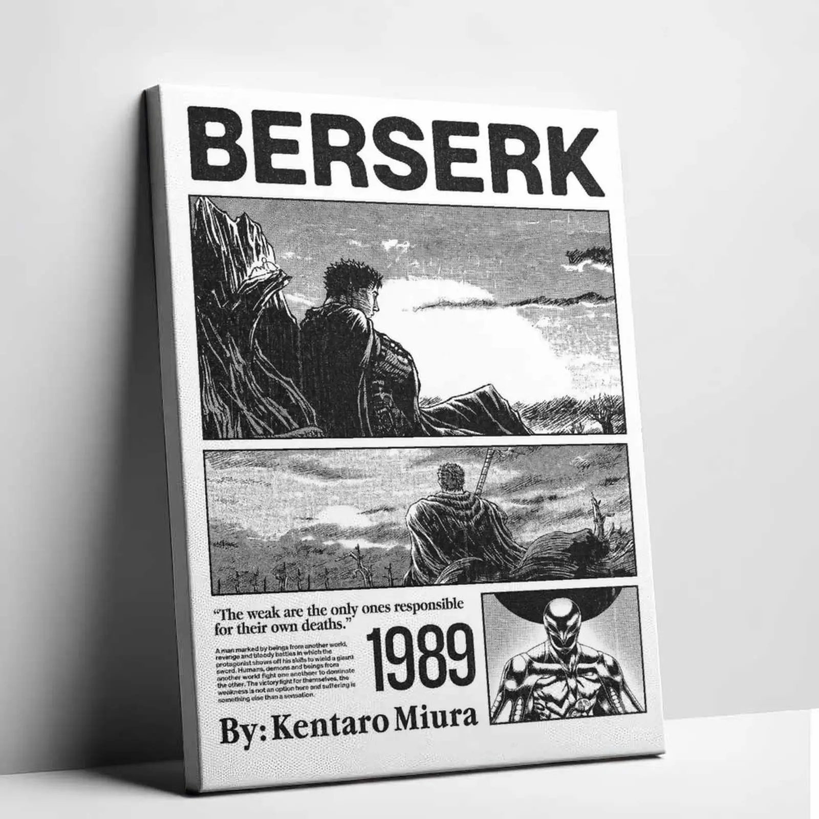 Berserk Anime Print Canvas Wall Decor - Kentaro Miura Tribute, Black and White Vintage Manga Cool Wall Art, Graphic Print Design Decoration for Anime Room Home Inspo Goth Apartment