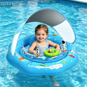 Baby Pool Float with Canopy & Toy Console,Adjustable Safe Seat,Removable UPF50+ Sunshade,Infant Pool Float for 6-36 Months,Baby Floaties 6-12 Months with Safety Handle & Rope for Pool,Sea