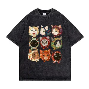 Turban Cat Graphic Washed Tee, Vintage Washed Cotton, Unisex Streetwear Round Neck Casual graphic tee