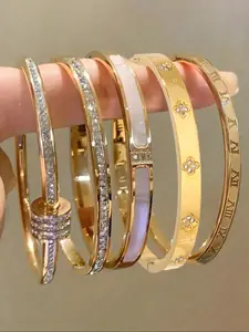 5pc Personalized Multi-Color Stainless Steel Cuff Bracelet Set, Unique Design, Fashionable, Exquisite Gift, Non-Fading Jewelry, Stainless Steel Bangle