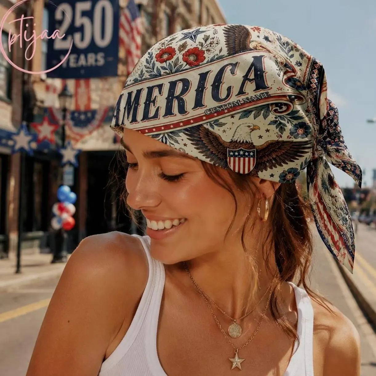 Personalized USA Independence Day 250 Bandana, Custom Name Fourth of July Scarf, American Flag Vacation Accessory