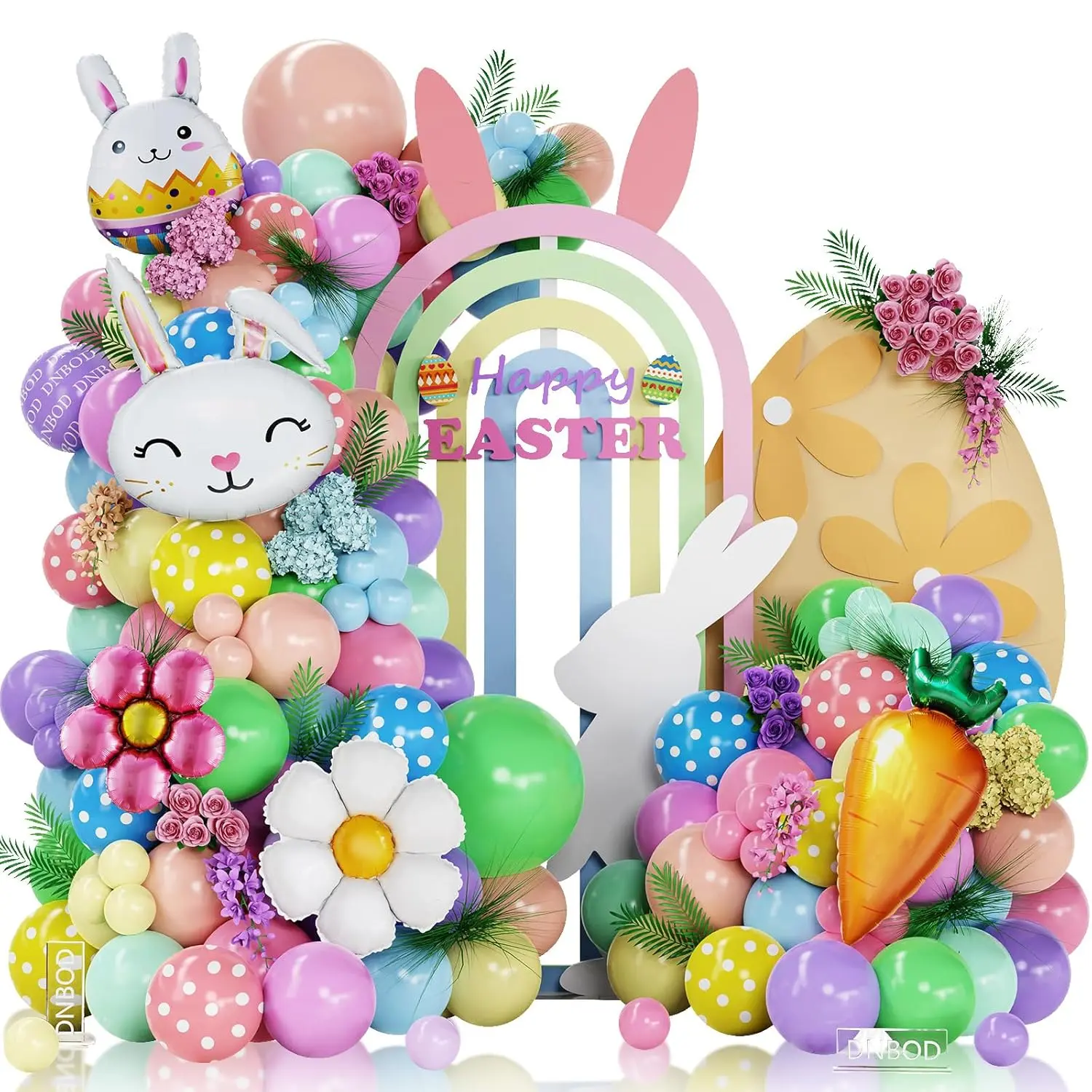 Pastel Easter Bunny Balloon Arch Kit,149Pcs Pastel Rainbow Balloon Garland With Easter Eggs,Bunny,Daisy,Carrot Foil Balloons For Easter Baby Shower Fairy Princess Birthday Spring Tea Party Decoration