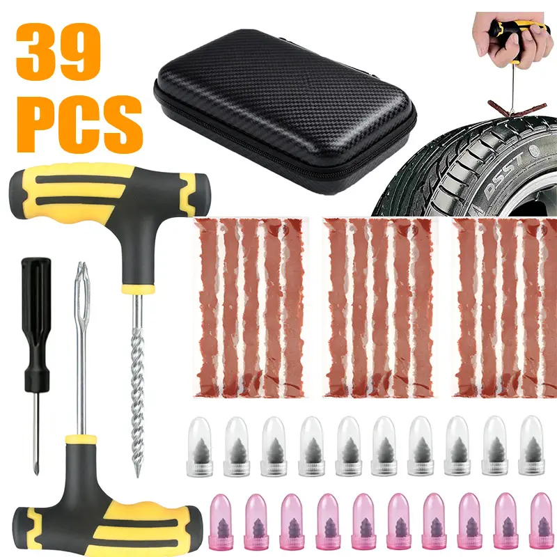 39PCS Tire Repair Kit - Professional Heavy Duty Tire Plug Kit With Rubber Nail,T-handle insertion tool,patches,for Flat Tire & Puncture Repair on Cars, Trucks, SUVs, ATVs, UTVs, RVs & Motorcycles