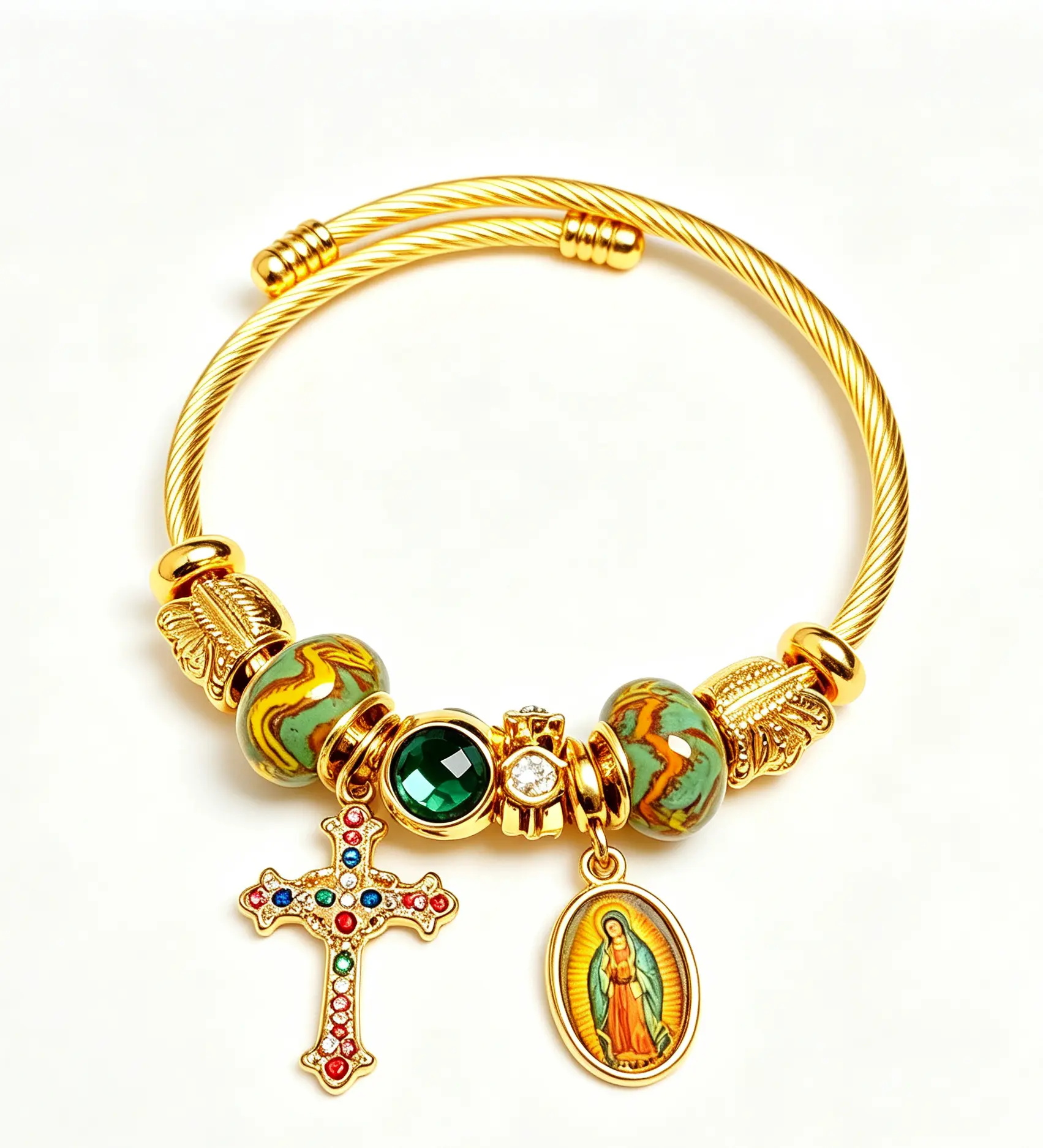 Our Lady of Guadalupe & Cross Charm Bangle, Adjustable Twisted Cable Bracelet Religious Faith Jewelry Gift for Women