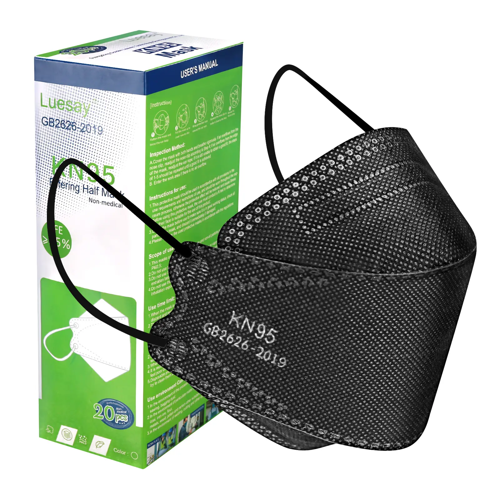 Luesay kn95 Face Masks 20 Pack, Breathable Comfortable and Disposable KN95 Mask, Black