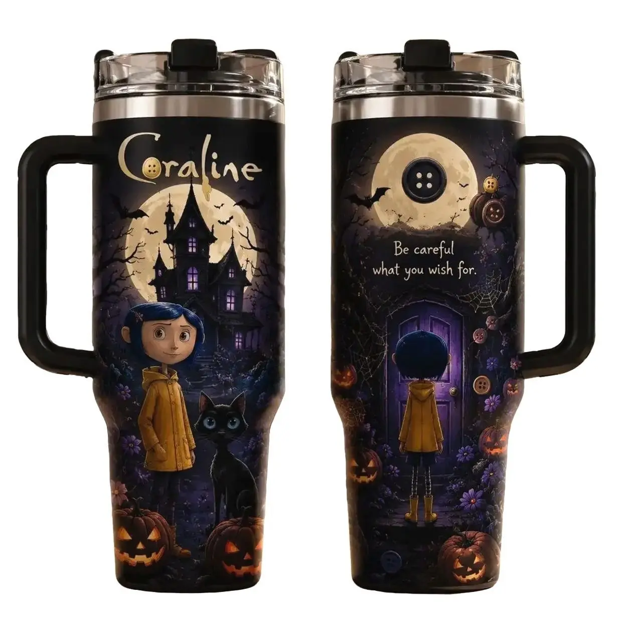 Halloween Coraline Inspired 20oz/30oz/40oz Stainless Steel Tumbler, Spooky Gothic Travel Mug, Double Wall Vacuum Insulated Cup, Fall Horror Gift