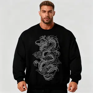 Mens Womens Sparkly Rave Shiny Rhinestone Graphic Sweatshirt Hip Hop Festival Party Crewneck Pullover Jersey Streetwear Dragon Long Sleeve Pullover Fall & Winter Embroidered Graphic Vintage Black Sweatshirt with Bold Golden Dragon & Lotus Tattoo Art Print